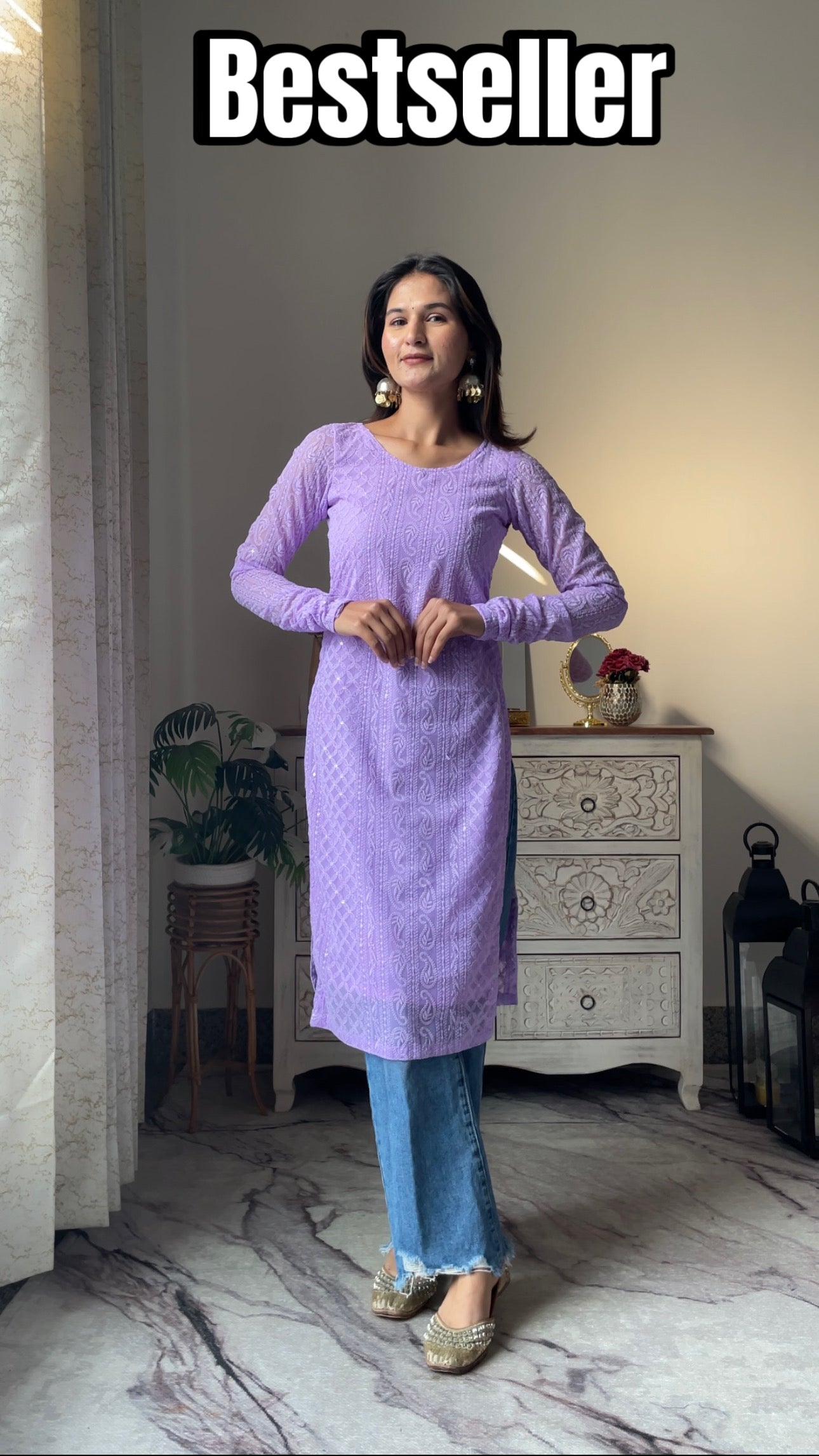 CHIKANKARI DEEP BACK TASSEL KURTI