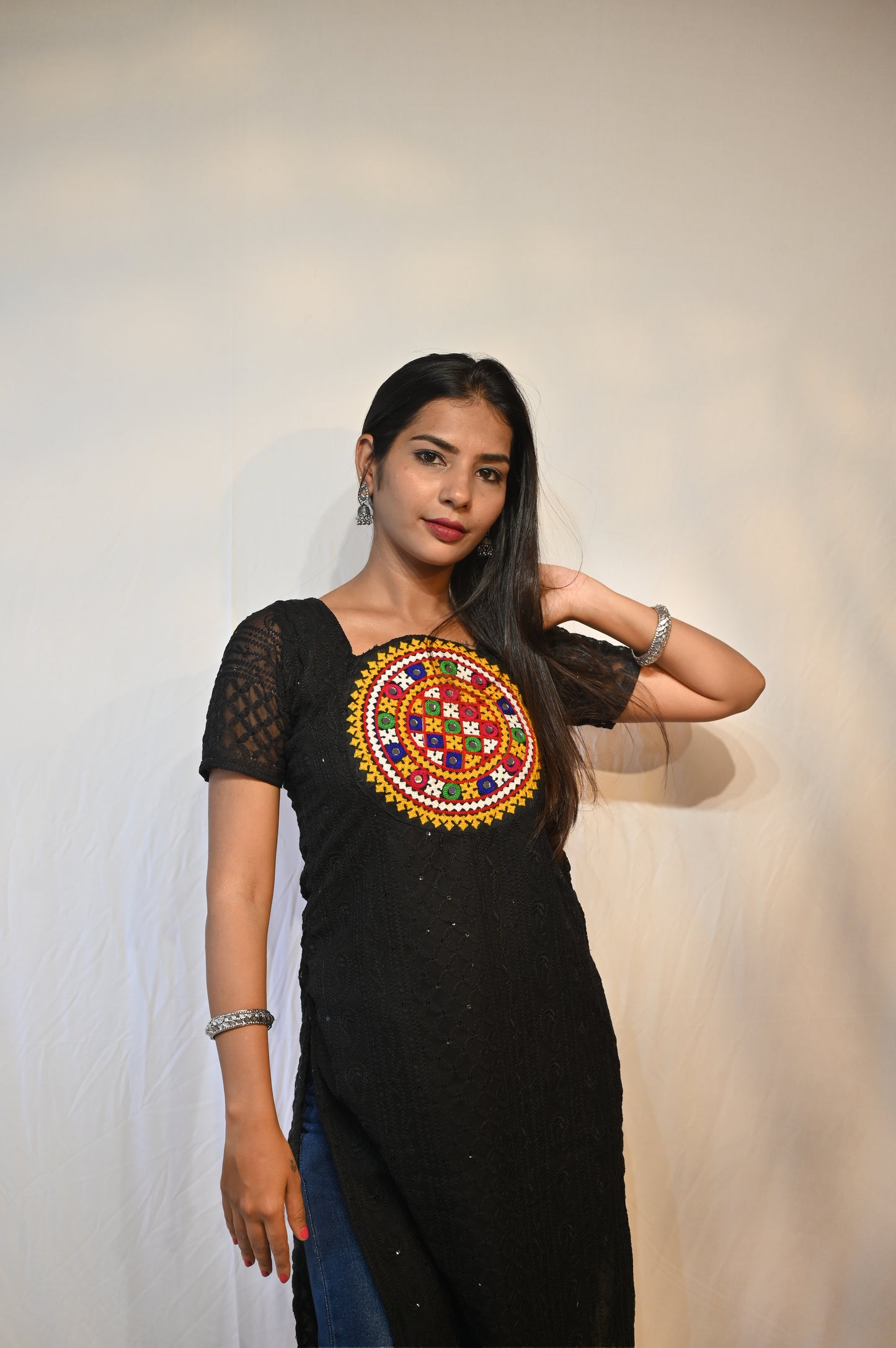PATCHWORK BACKLESS CHIKANKARI KURTI