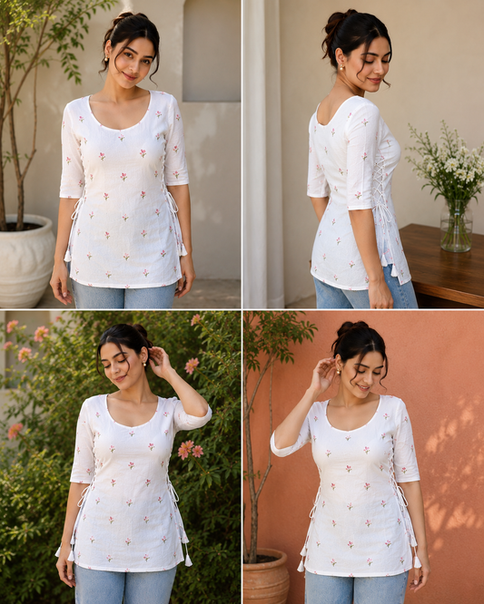 Floral Mul Chanderi Side-Adjustable Top.