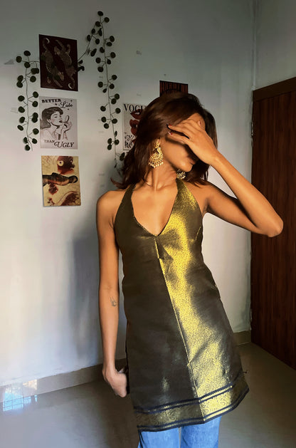 BROCADE HALTER NECK BACKLESS SHORT KURTI