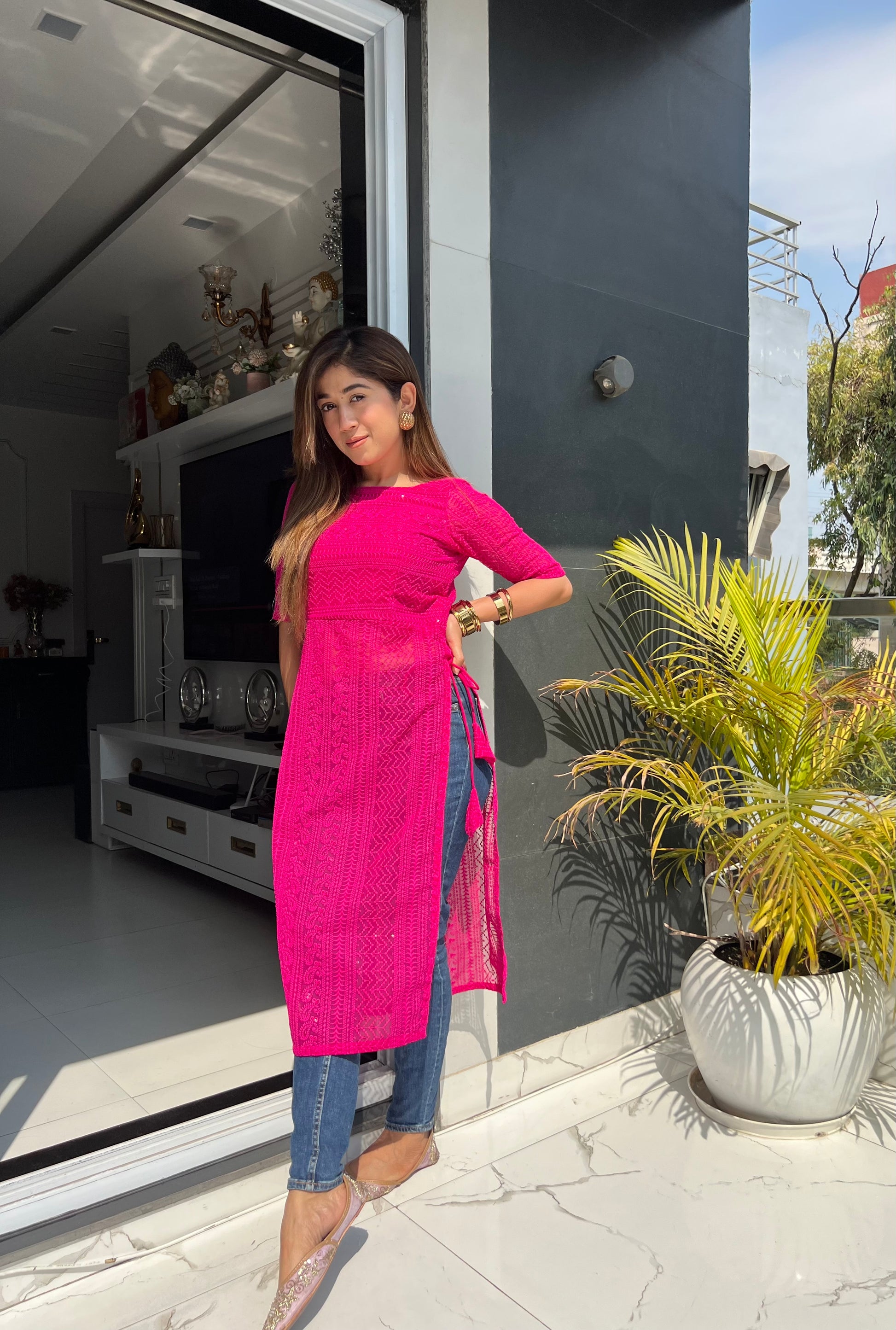 HIGH SLIT SIDE TASSEL KURTI XS MAUVE HALF SLEEVES