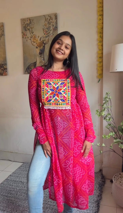 BHANDHANI PRINT PATCHWORK KURTI WITH SLEEVE OPTION