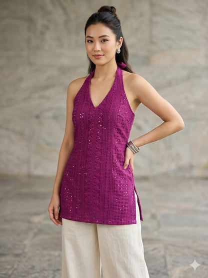 Purple Halter Neck Backless Tie-Up Kurti