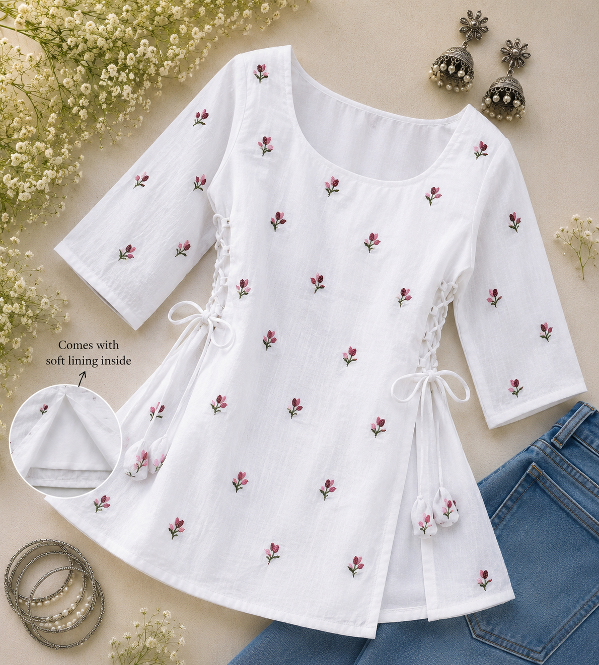 Floral Mul Chanderi Side-Adjustable Kurti
