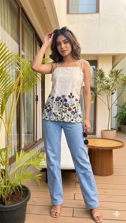 FLORAL COTTON EMBROIDERED SHORT TOP