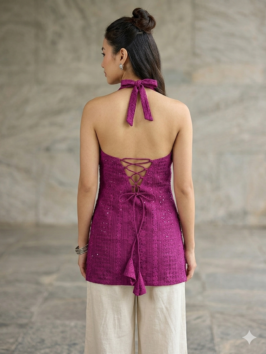 Purple Halter Neck Backless Tie-Up Kurti