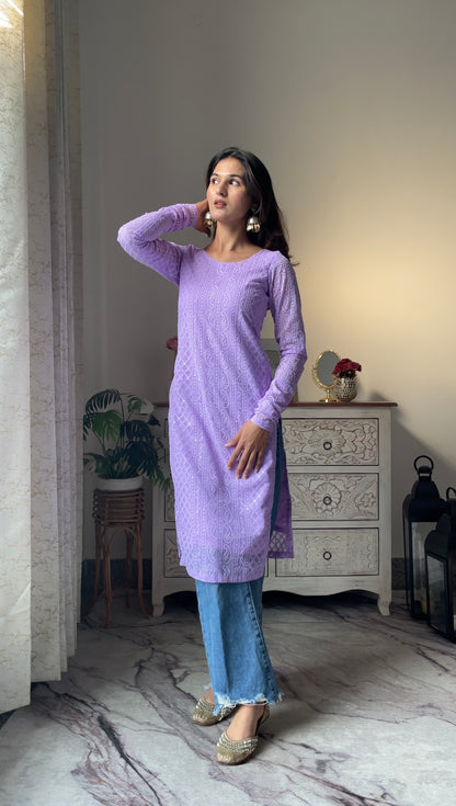 CHIKANKARI  DEEP BACK TASSEL KURTI