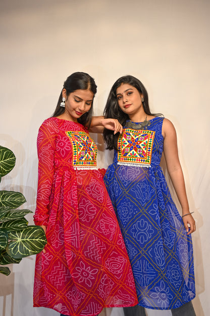 BHANDHANI PRINT PATCHWORK KURTI WITH SLEEVE OPTION