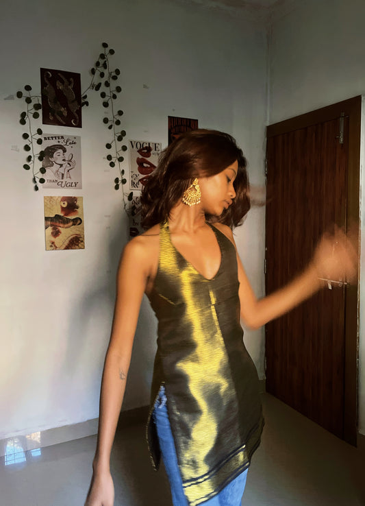 BROCADE HALTER NECK BACKLESS SHORT KURTI