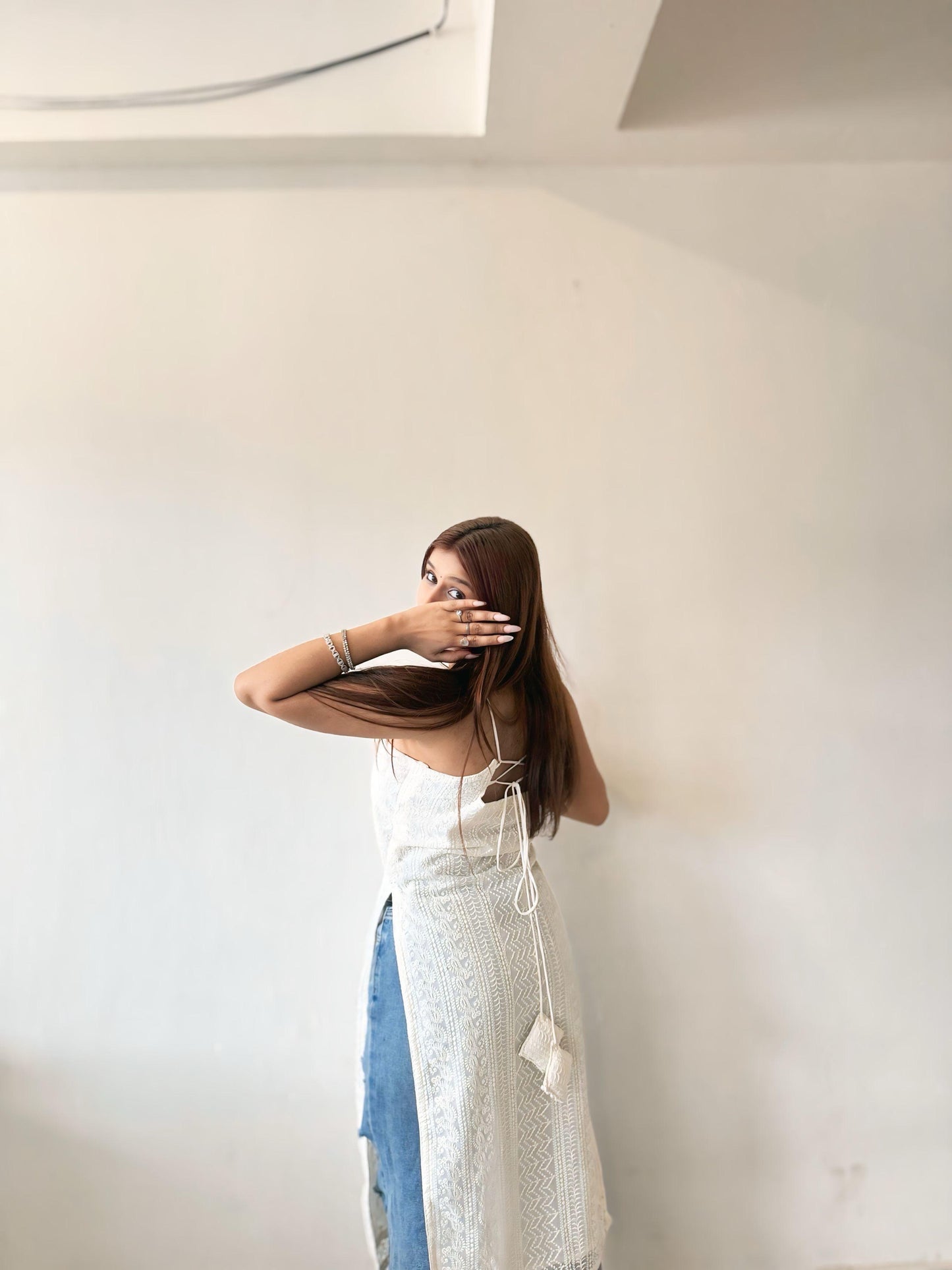 NOODLE STRAP BACKLESS PEARL TASSEL KURTI