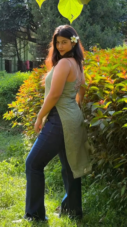 NOODLE STRAP BACKLESS PEARL TASSEL KURTI