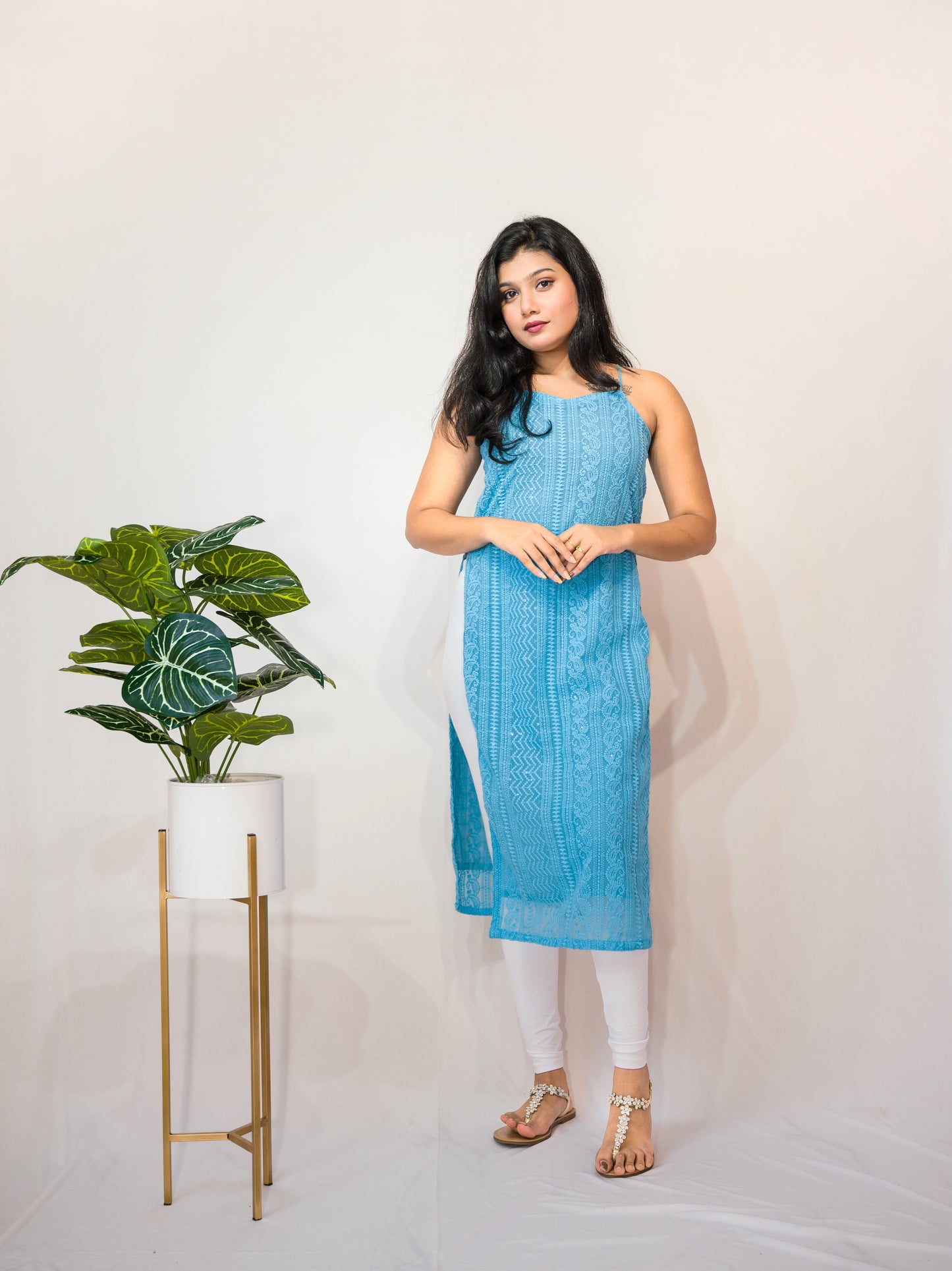 NOODLE STRAP BACKLESS PEARL TASSEL KURTI